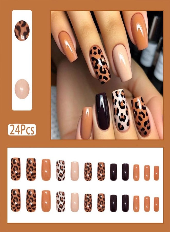 HJKDSFD Leopard Print Press on Nails Medium Square Fake Nails Brown Black Acrylic Nails with Solid Color Designs Glossy Artificial False Nails Cute Reusable Glue on Nails for Women Girls 24Pcs - Image 2